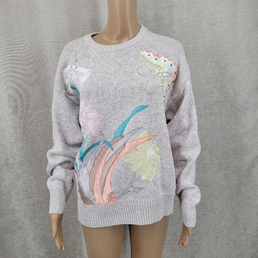 Vintage Light Mauve Flower Butterfly Appliqué Crew Neck Crewneck Sweater 80s